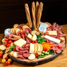 A beautifully arranged charcuterie board featuring a variety of cheeses including Mozzarella, Havarti, Colby-Jack, Gouda, Cheddar, and Grana Padano