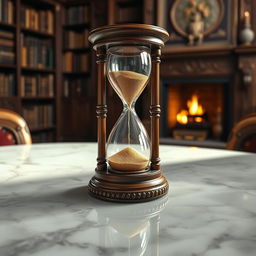 A beautifully crafted hourglass, showcasing the sand flowing gracefully between the two glass bulbs