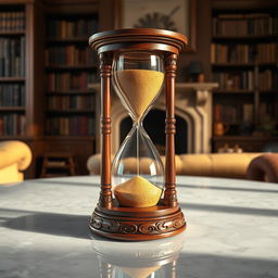 A beautifully crafted hourglass, showcasing the sand flowing gracefully between the two glass bulbs