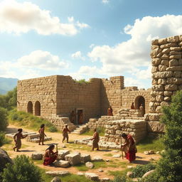 A detailed scene depicting the ancient city of Volubilis under construction during the Carthaginian era