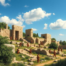 A detailed scene depicting the ancient city of Volubilis under construction during the Carthaginian era