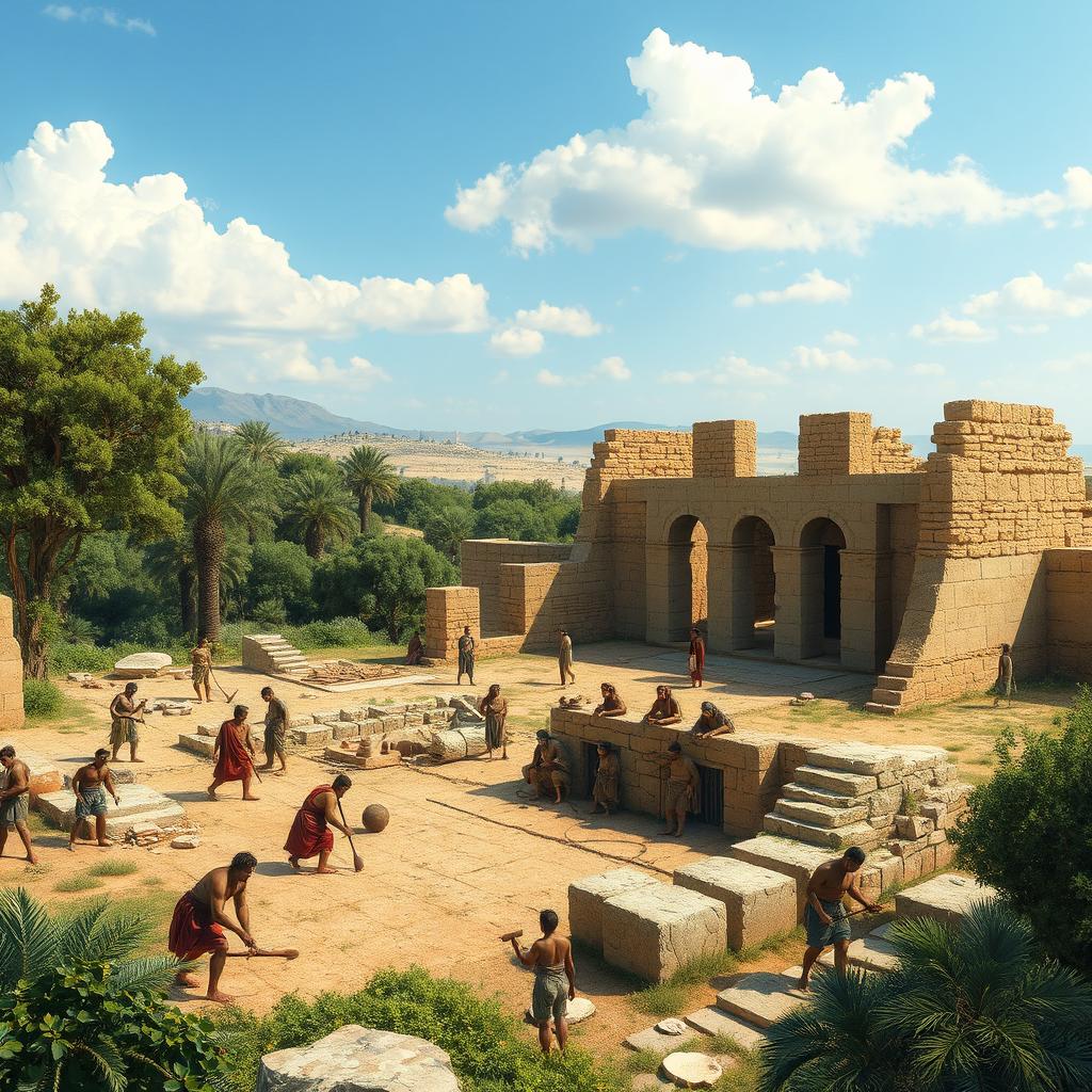 A detailed scene depicting the ancient city of Volubilis under construction during the Carthaginian era