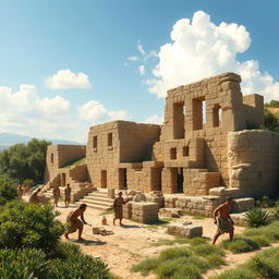 A detailed scene depicting the ancient city of Volubilis under construction during the Carthaginian era