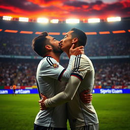 A dramatic, intimate moment featuring Ramin Rezaeian and Cristiano Ronaldo sharing a passionate kiss on a vibrant soccer field