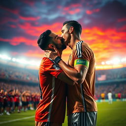 A dramatic, intimate moment featuring Ramin Rezaeian and Cristiano Ronaldo sharing a passionate kiss on a vibrant soccer field