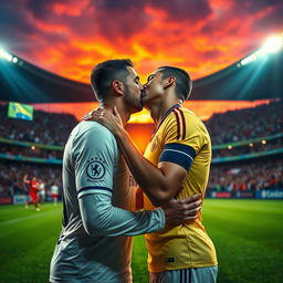 A dramatic, intimate moment featuring Ramin Rezaeian and Cristiano Ronaldo sharing a passionate kiss on a vibrant soccer field