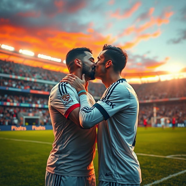 A dramatic, intimate moment featuring Ramin Rezaeian and Cristiano Ronaldo sharing a passionate kiss on a vibrant soccer field