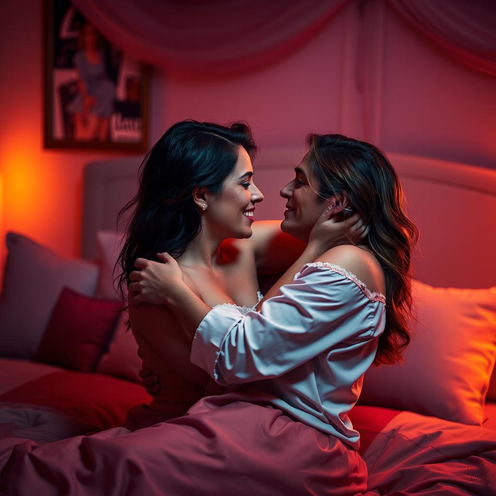 A vibrant and intimate bedroom scene featuring two adult figures engaged in a passionate embrace, embodying the essence of romance and connection