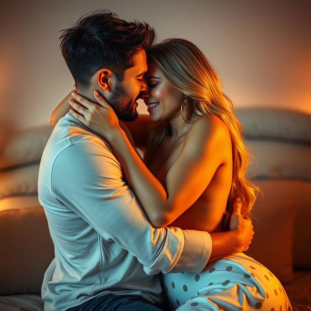 A vibrant and intimate bedroom scene featuring two adult figures engaged in a passionate embrace, embodying the essence of romance and connection