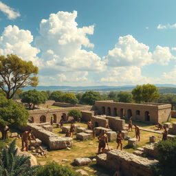 A detailed scene depicting the ancient city of Volubilis under construction during the Carthaginian era