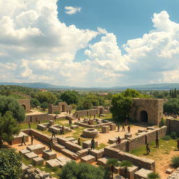 A detailed scene depicting the ancient city of Volubilis under construction during the Carthaginian era