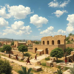 A detailed scene depicting the ancient city of Volubilis under construction during the Carthaginian era