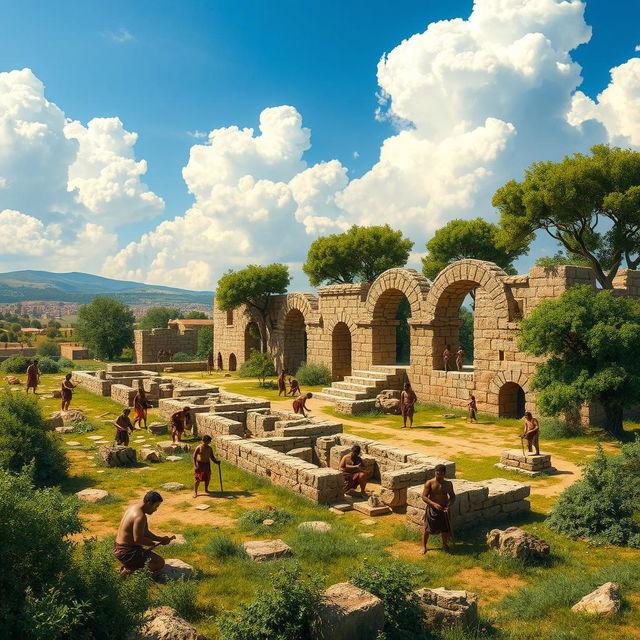 A detailed scene depicting the ancient city of Volubilis under construction during the Carthaginian era