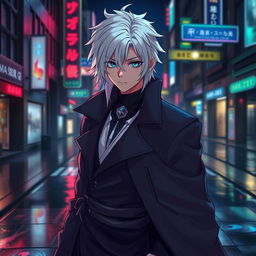 A stylish depiction of a mysterious, powerful figure inspired by contemporary anime aesthetics, showcasing a character with striking features: white hair, piercing blue eyes, and wearing an elegant, dark, oversized coat