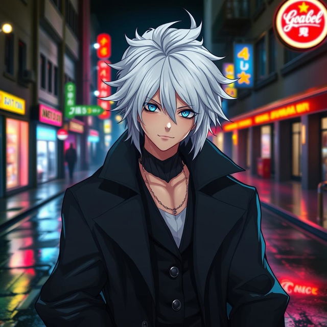 A stylish depiction of a mysterious, powerful figure inspired by contemporary anime aesthetics, showcasing a character with striking features: white hair, piercing blue eyes, and wearing an elegant, dark, oversized coat