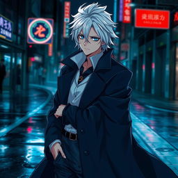 A stylish depiction of a mysterious, powerful figure inspired by contemporary anime aesthetics, showcasing a character with striking features: white hair, piercing blue eyes, and wearing an elegant, dark, oversized coat