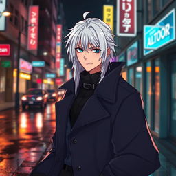 A stylish depiction of a mysterious, powerful figure inspired by contemporary anime aesthetics, showcasing a character with striking features: white hair, piercing blue eyes, and wearing an elegant, dark, oversized coat