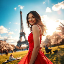 A beautiful scene in Paris featuring a stunning woman in an elegant red dress, standing in front of the iconic Eiffel Tower