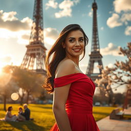 A beautiful scene in Paris featuring a stunning woman in an elegant red dress, standing in front of the iconic Eiffel Tower