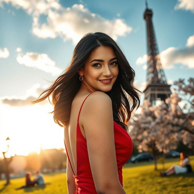 A beautiful scene in Paris featuring a stunning woman in an elegant red dress, standing in front of the iconic Eiffel Tower