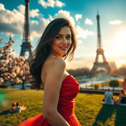 A beautiful scene in Paris featuring a stunning woman in an elegant red dress, standing in front of the iconic Eiffel Tower