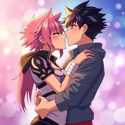 A romantic, intimate scene between two characters resembling Itadori and Nobara from a popular anime