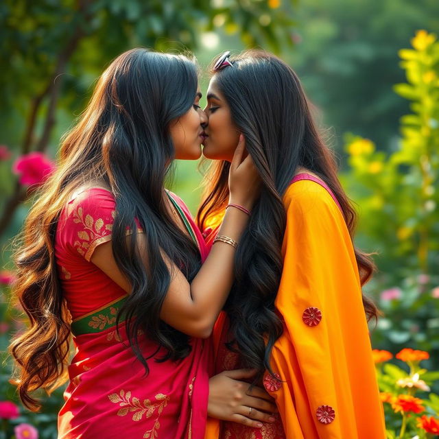 A romantic and intimate scene featuring two Indian women sharing a tender kiss, surrounded by a beautiful natural backdrop