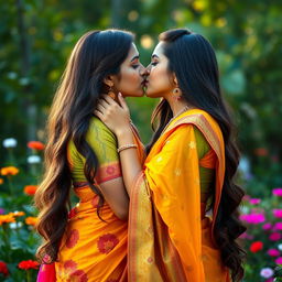 A romantic and intimate scene featuring two Indian women sharing a tender kiss, surrounded by a beautiful natural backdrop