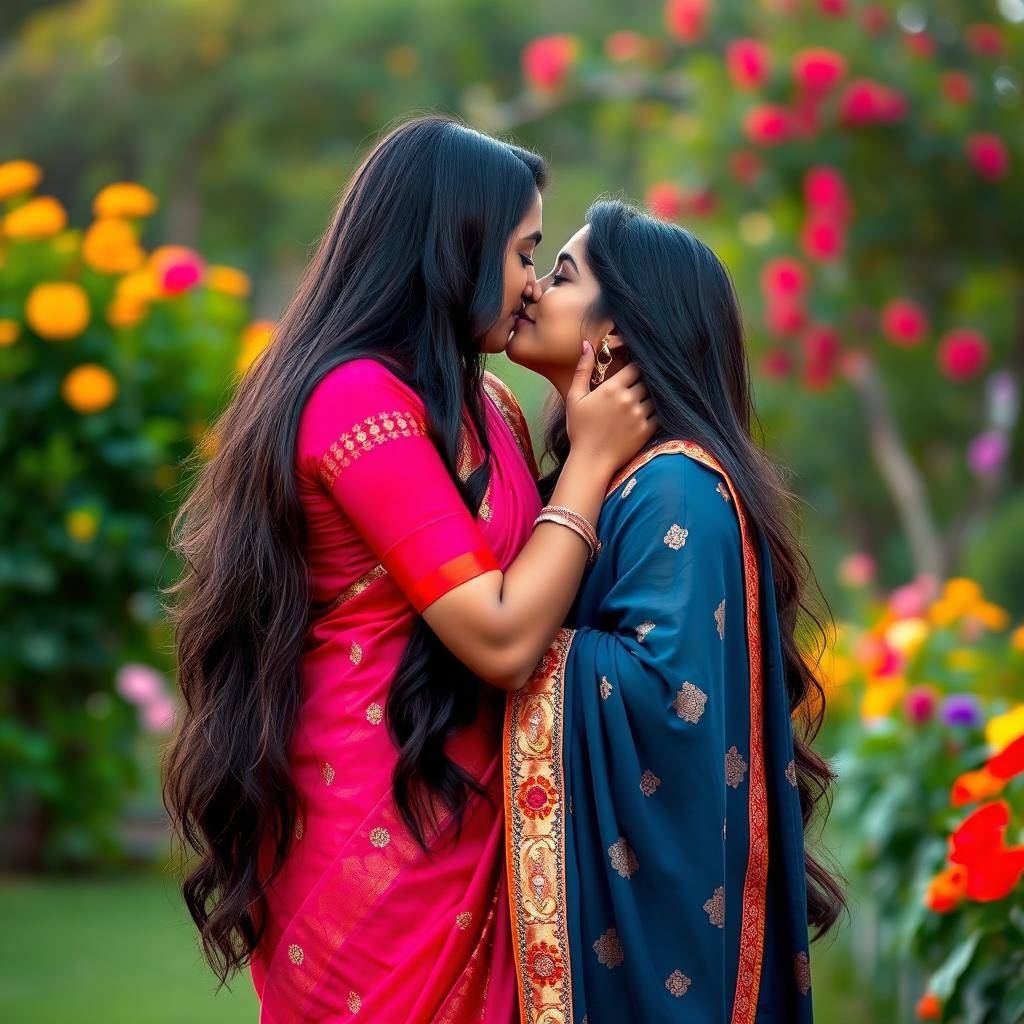 A romantic and intimate scene featuring two Indian women sharing a tender kiss, surrounded by a beautiful natural backdrop