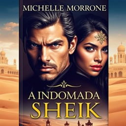 A book cover featuring a serious and mysterious portrayal of Michelle Morrone, showcasing his intense gaze and strong features, contrasted by the captivating presence of Camila Queiroz, her expression exuding confidence and intrigue