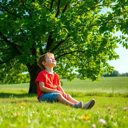 A serene scene featuring a young boy sitting peacefully under a large, leafy tree