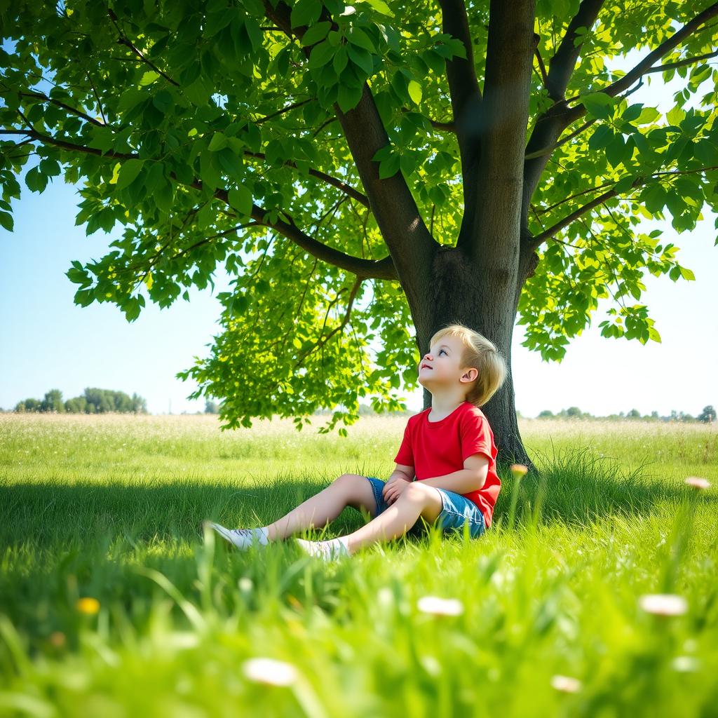 A serene scene featuring a young boy sitting peacefully under a large, leafy tree