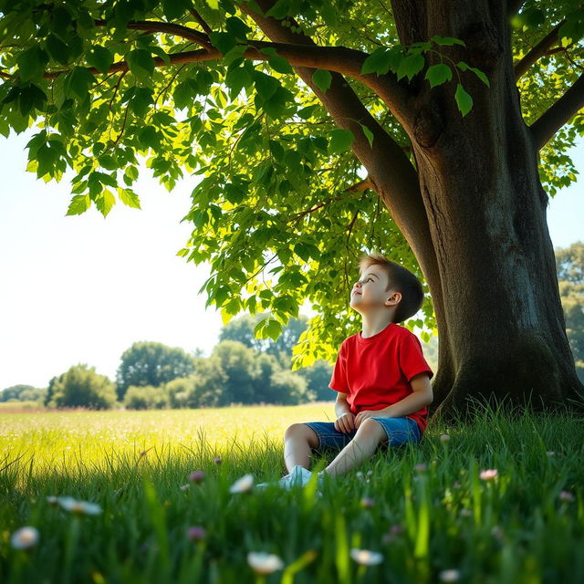 A serene scene featuring a young boy sitting peacefully under a large, leafy tree