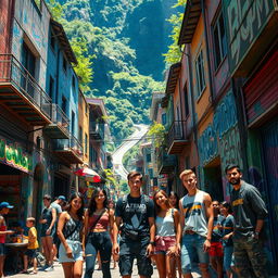 A vibrant and dynamic favela scene inspired by a video game like Free Fire, featuring colorful and graffiti-covered buildings, narrow winding streets filled with people engaging in various activities