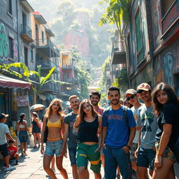 A vibrant and dynamic favela scene inspired by a video game like Free Fire, featuring colorful and graffiti-covered buildings, narrow winding streets filled with people engaging in various activities