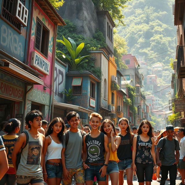 A vibrant and dynamic favela scene inspired by a video game like Free Fire, featuring colorful and graffiti-covered buildings, narrow winding streets filled with people engaging in various activities