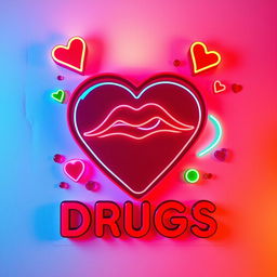 A vibrant and creative sign that artfully combines symbols representing love, sex, and drugs
