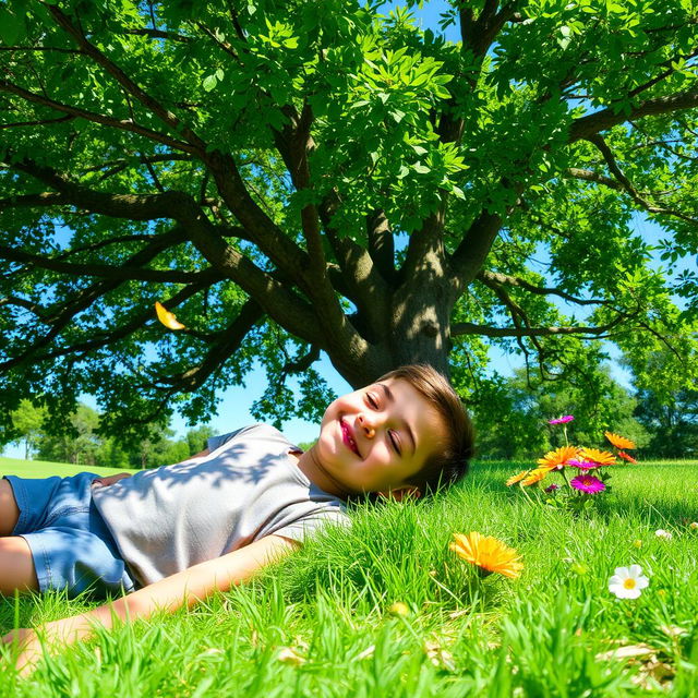 A relaxed boy lying lazily under a large shady tree, with soft grass beneath him