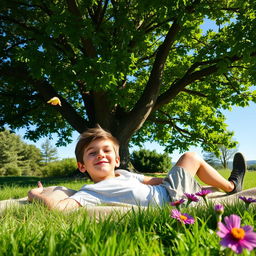 A relaxed boy lying lazily under a large shady tree, with soft grass beneath him