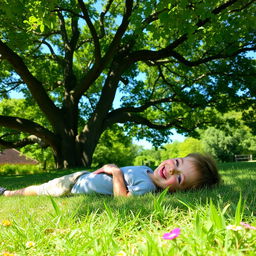 A relaxed boy lying lazily under a large shady tree, with soft grass beneath him
