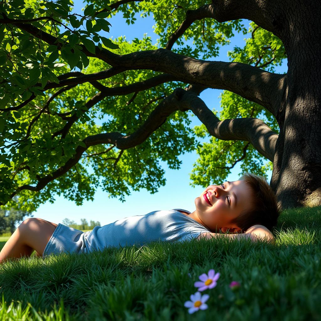 A relaxed boy lying lazily under a large shady tree, with soft grass beneath him