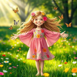 A vibrant, bountiful girl with luscious, flowing hair decorated with wildflowers