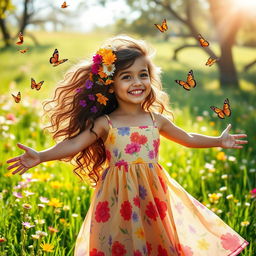 A vibrant, bountiful girl with luscious, flowing hair decorated with wildflowers
