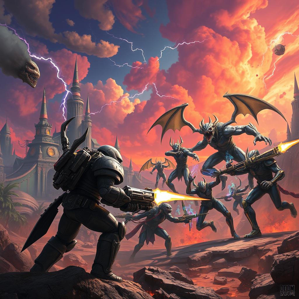 A fantastical crossover scene combining elements from the games Eternal and Doom (2016)