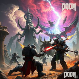 A fantastical crossover scene combining elements from the games Eternal and Doom (2016)