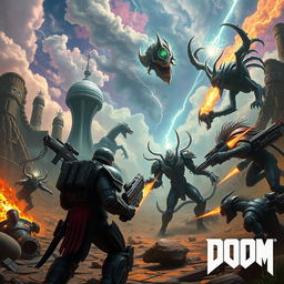 A fantastical crossover scene combining elements from the games Eternal and Doom (2016)