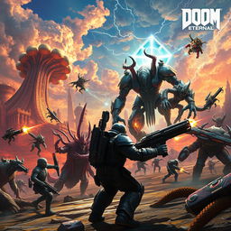 A fantastical crossover scene combining elements from the games Eternal and Doom (2016)