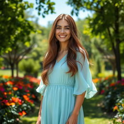 A portrait of a person standing confidently in a lush green park