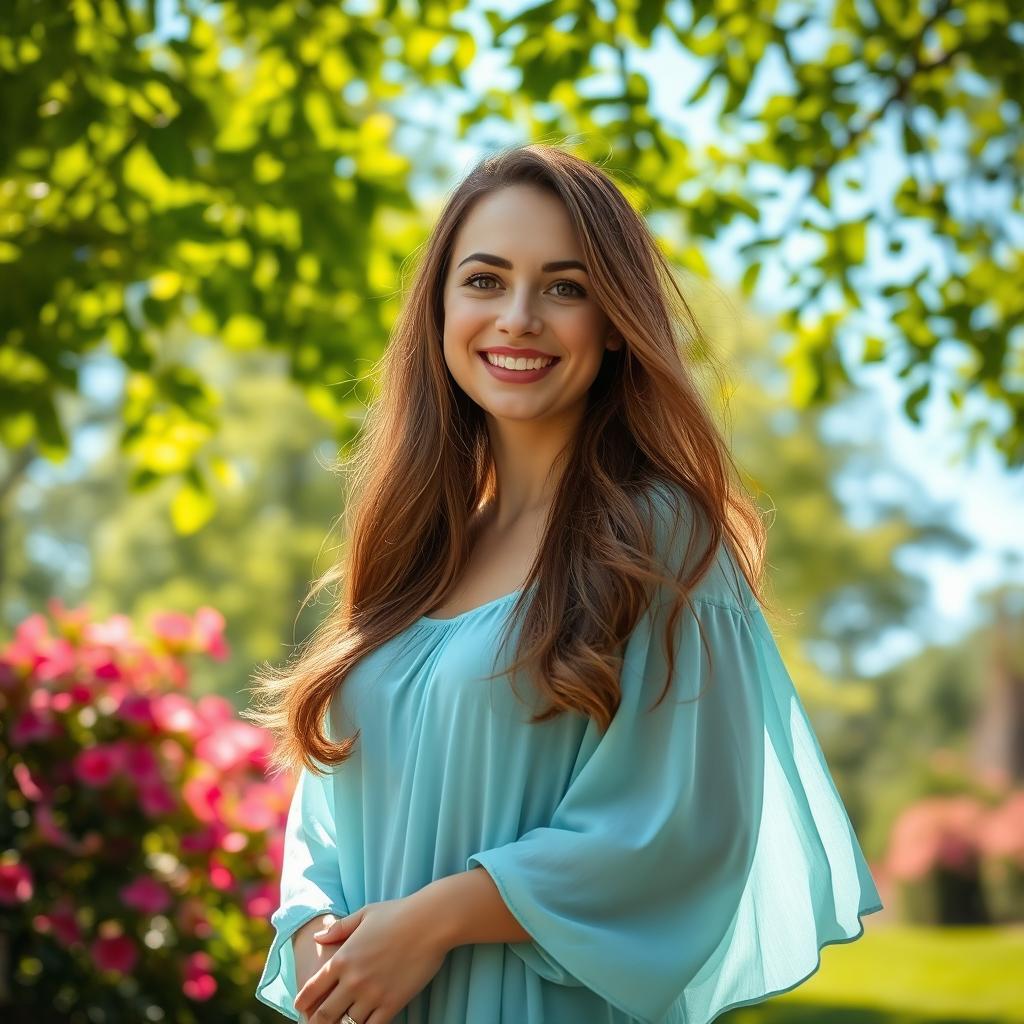 A portrait of a person standing confidently in a lush green park