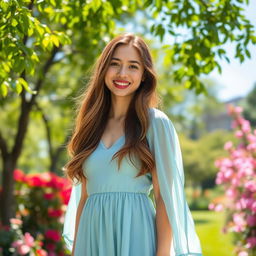 A portrait of a person standing confidently in a lush green park